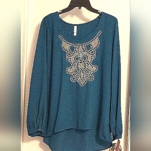 Xhilaration Teal Blue Long-Sleeve Blouse with Cream Embroidered Front Size XL